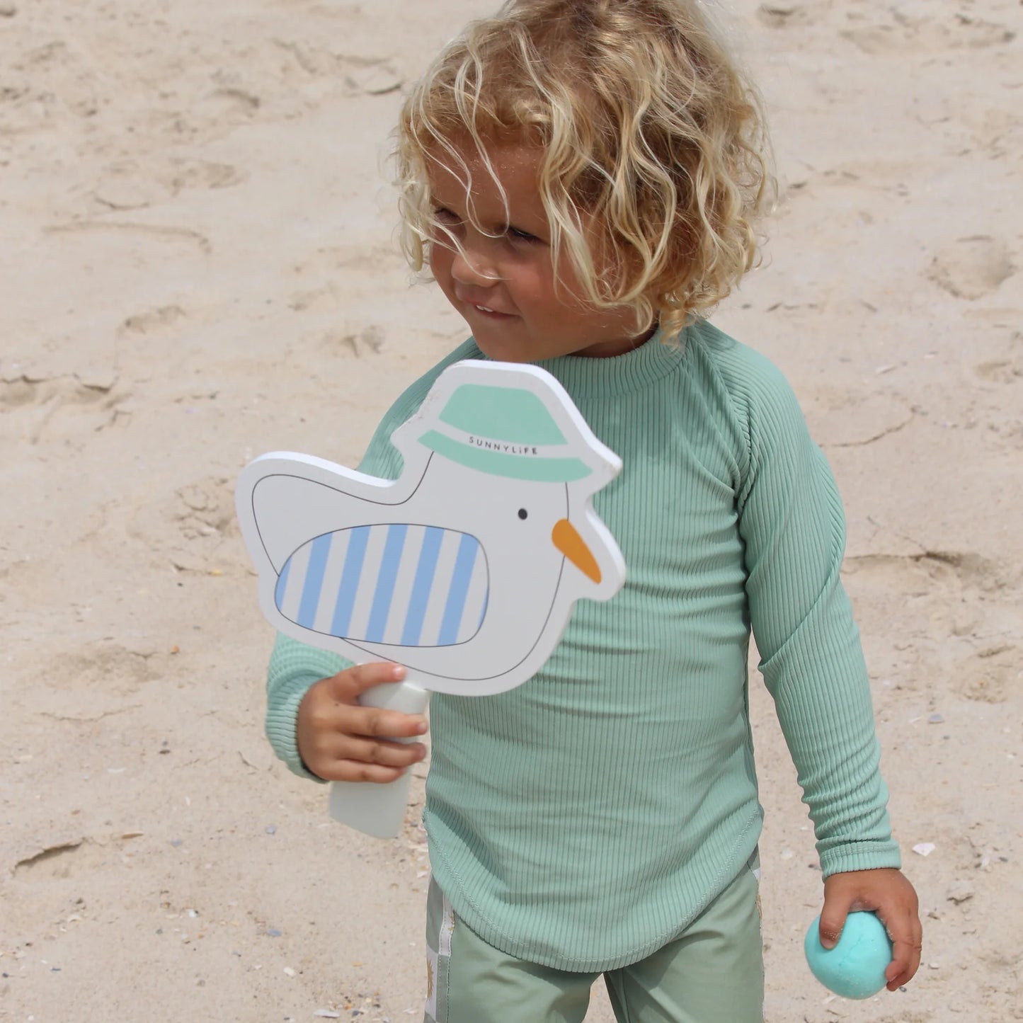 SUNNYLiFE Kids Velcro Beach Bats Sid The Seagull Blue Stripe