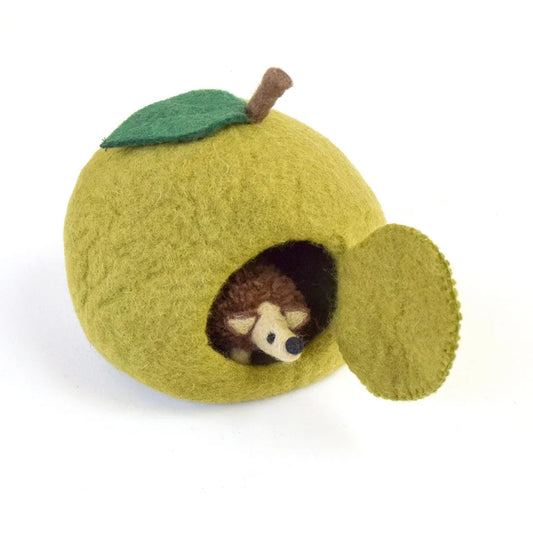 Tara treasure- FELT GREEN APPLE HOUSE WITH HEDGEHOG TOY