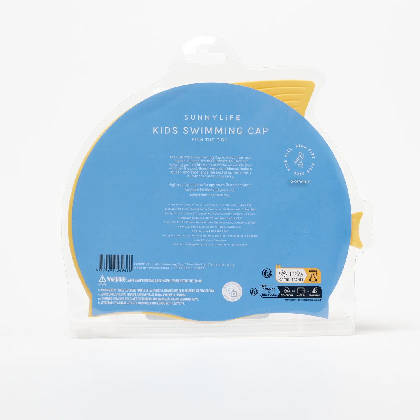 SUNNYLiFE Kids Swimming Cap Finn The Fish Mustard Strip