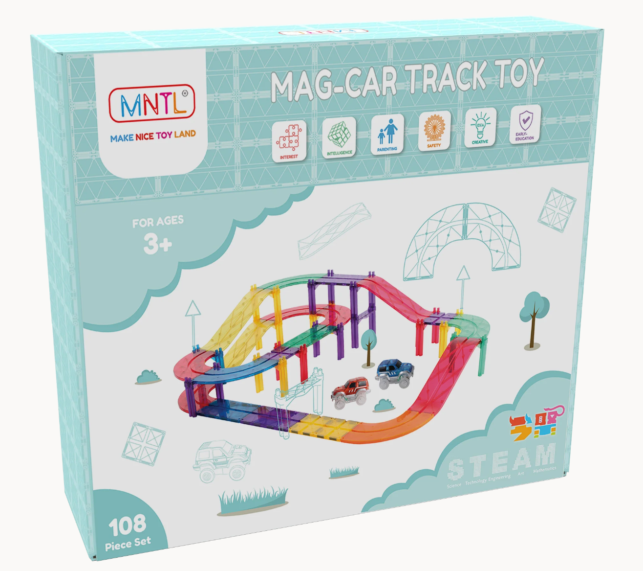 男孩至愛! MNTL - Mag Car Track Toy Set  電力軌道車 108PCs